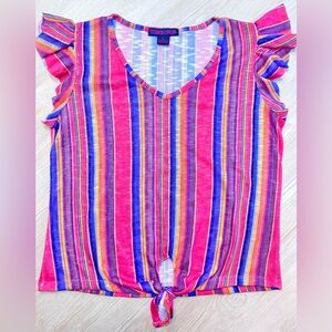 Rock & Roll Cowgirl Serape Stripe Tie Front Top Ruffle Sleeve Western Boho Large